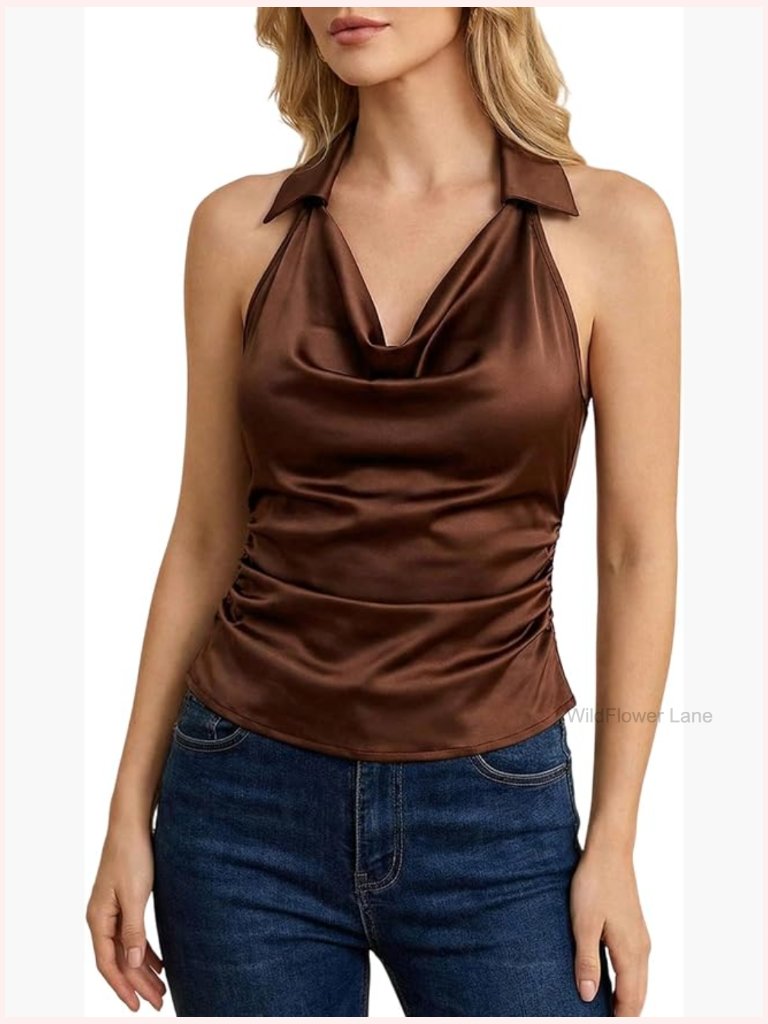 Elegant Satin Halter Top Ruched Cowl Neck Sleeveless Cocktail Party Blouse